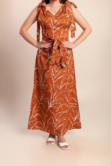 Maxi cotton dress with print, brown