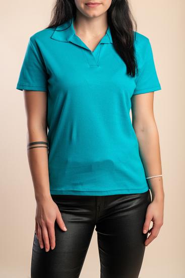 Plus size cotton t-shirt with collar, turquoise