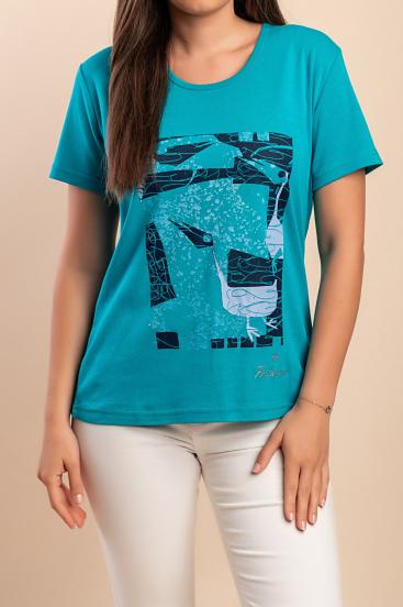 Cotton T-shirt with print, turquoise