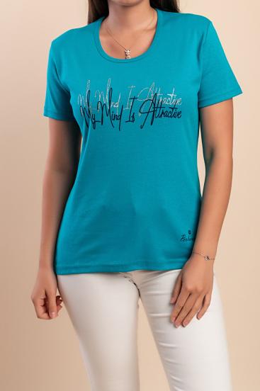 Cotton T-shirt with print, turquoise