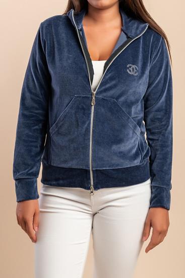 Cotton zip-up sweatshirt in imitation velvet, dark blue