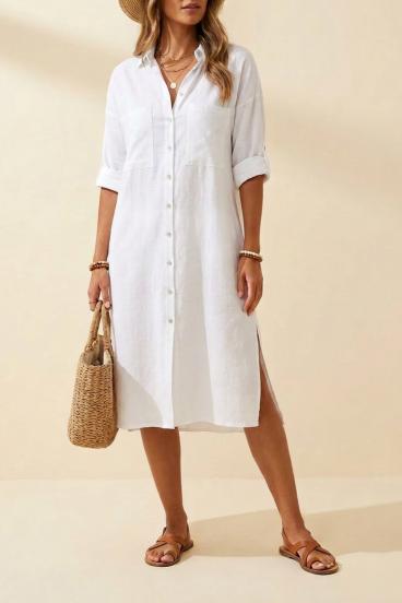 Loose Linen Maxi Shirt Dress, White
