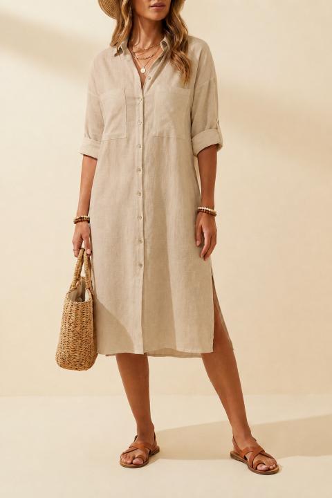 Loose Linen Maxi Shirt Dress, Beige