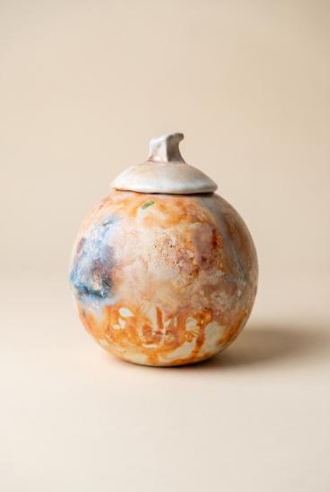 Handmade glazed ceramic vase with painting and lid