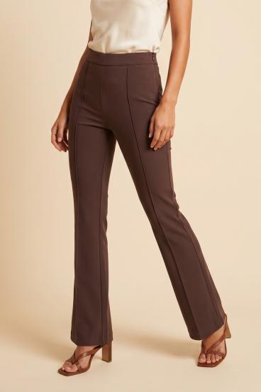 Long flare-bottom pants with high waist, brown