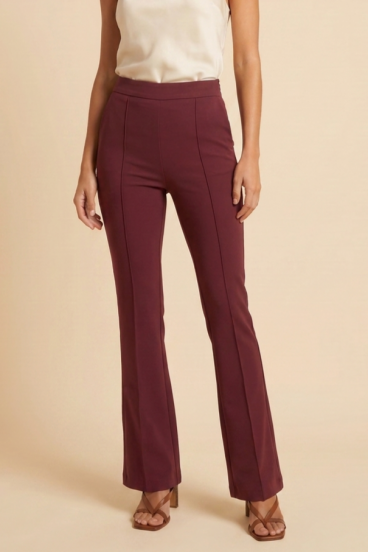 Long flare-bottom pants with high waist, burgundy