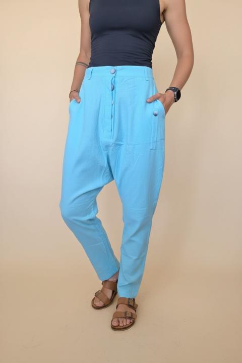 Long pants with buttons, turquoise