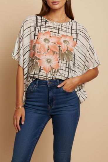 Sheer Printed Blouse, Beige